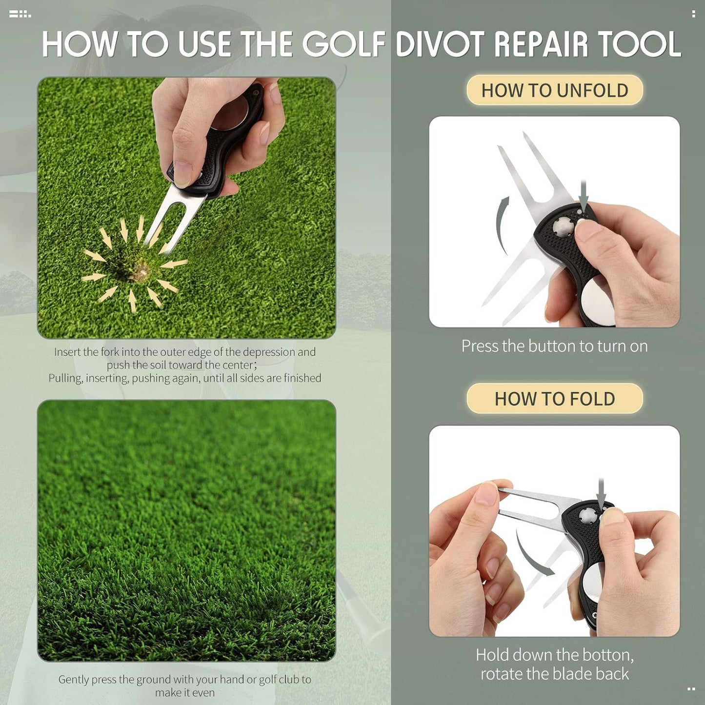 Skylety 4 Pcs Golf Divot Repair Tool Metal Foldable Golf Divot Tool with Magnetic Pop-up Button Ball Marker Stainless Steel Switchblade for Golfers Prizes