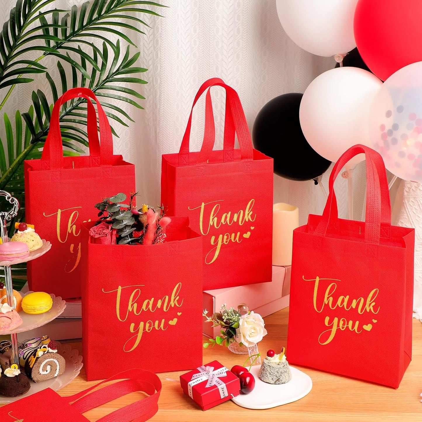 Sweetude 30 Pcs Thank You Gift Bags with Handles Bulk Reusable Goodie Bag Non Woven Foldable Handbag for Graduation Wedding Bridesmaid Gifts(10 x 8 x 4 Inch,Vermilion)
