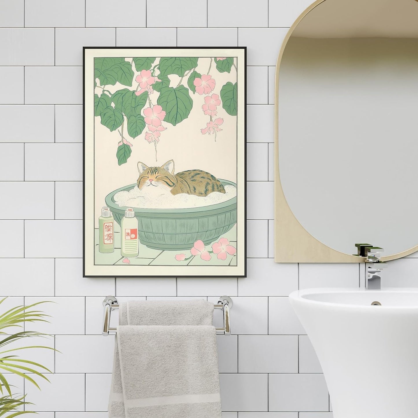 Vintage Tabby Cat in The Bathtub Posters Funny Bathroom Wall Art Cute Animal Lover Canvas Prints Japanese Aesthetic Neutral Minimalist Wall Decor for Dorm Restroom 24x36in Framed