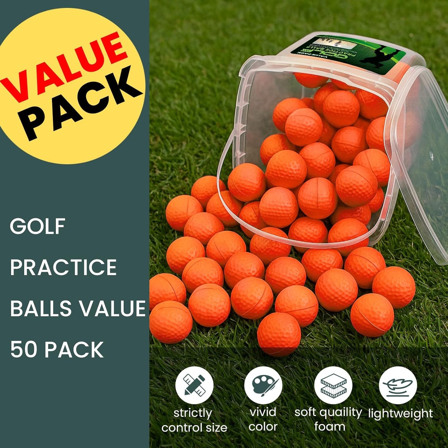 FINGER TEN Golf Practice Balls with Bucket Value 50 Pack, Soft Foam with Limited Flight for Safe Practice, Orange Yellow Pink Bright Colors for Indoor Outdoor Backyard Pool Use