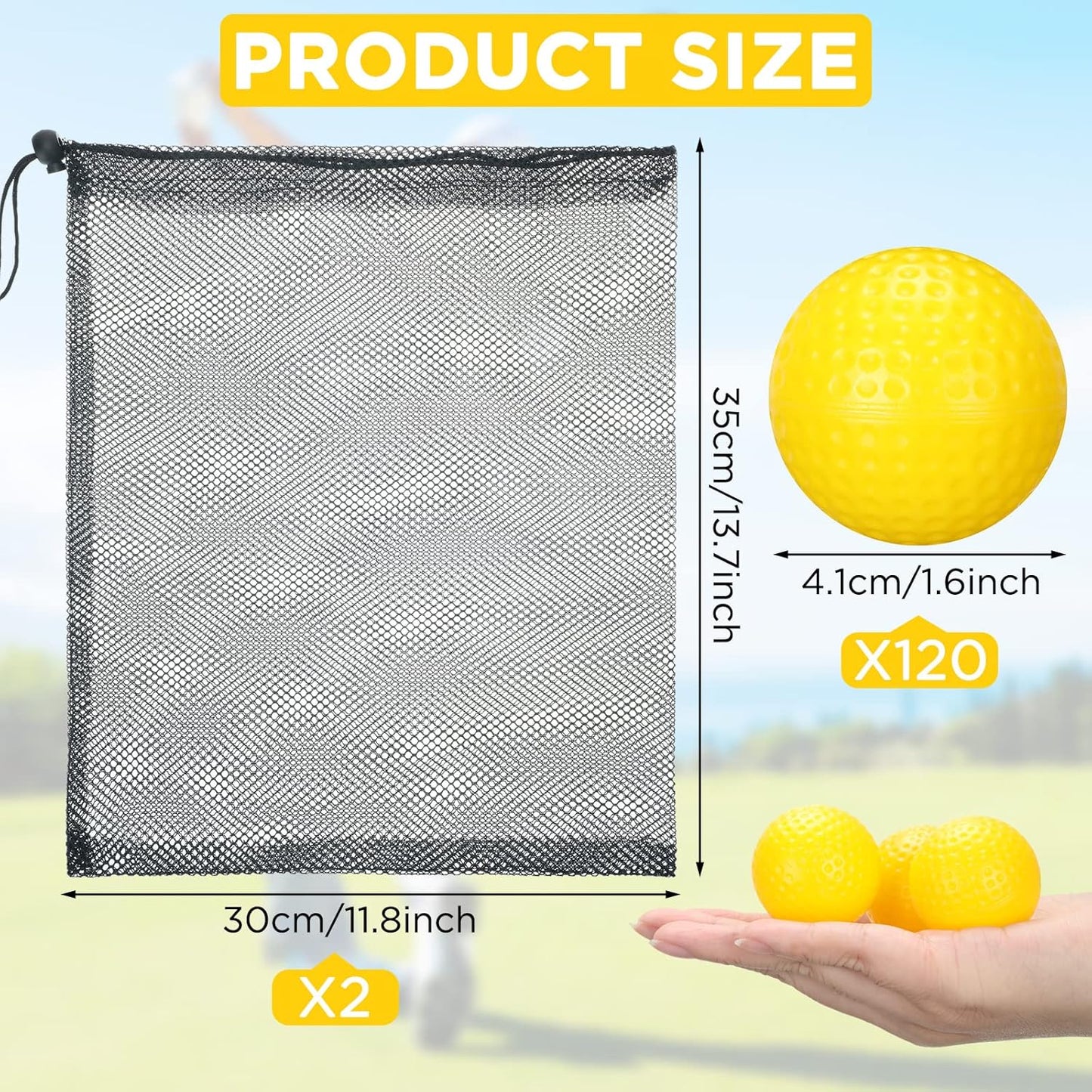 Yunsailing 120 Pcs Plastic Practice Golf Balls Bulk Hollow Training Golf Balls with 2 Pcs Mesh Drawstring Storage Bags for Indoor Outdoor Training and Practice