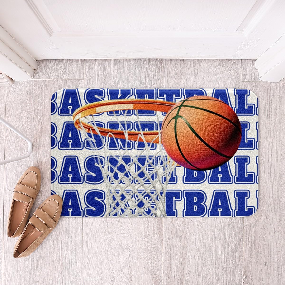 Feelyou Basketball Polyester Bath Rug Blue White Soft Fleece Door Carpet for Kids Boys Girls Orange Basketball Print Non Slip Bath Mat Ball Game Bathroom Floor Indoor Doormat,20x32 Inch