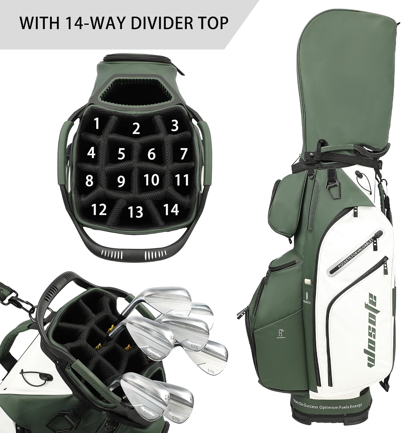 PU Leather Lightweight Men Women Blue White Black Green Golf Bag,Multiple 10 Pockets 14-Way Dividers Cooler Pouch Golf Cart Bag