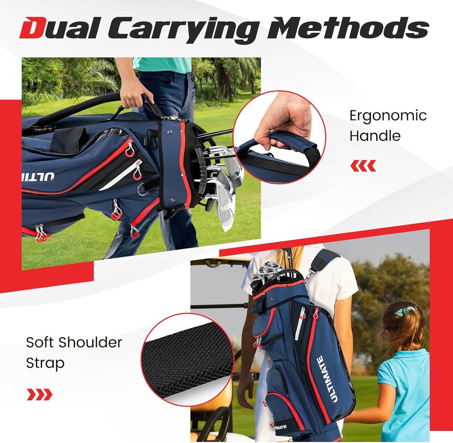 ULTIMATE Golf Cart Bag, 14 Way Top Dividers Golf Carry Bag w/Pockets & Umbrella Holder, Portable Golf Club Bag w/Soft Shoulder Strap & Rain Hood, Lightweight Golf Bag for Women & Men