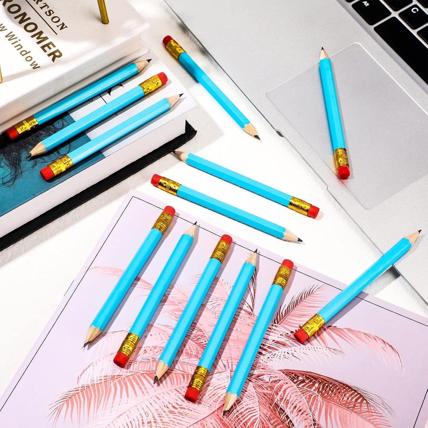 Zonon 48 Pieces Golf Pencils Mini Half Pencils with Eraser Short with Erasers Bulk Small for Kids HB Wedding Bridal School Office Writing Drawing Pocket(Light Blue)