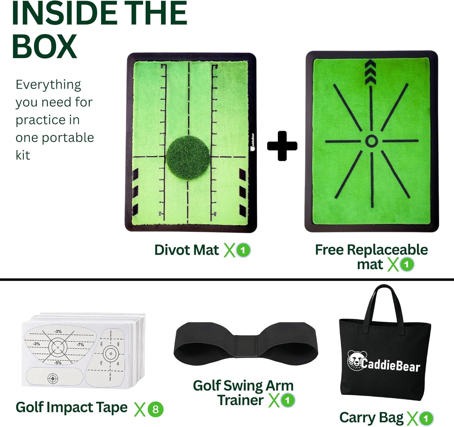 5-in-1 Golf Hitting Mat Set, Golf Accessories, Bag, Swing Path Feedback, Artificial Turf, Impact Tape, Arm Band & Replaceable Layer, Golf Mats Practice Outdoor/Indoor, Gifts for Golfers