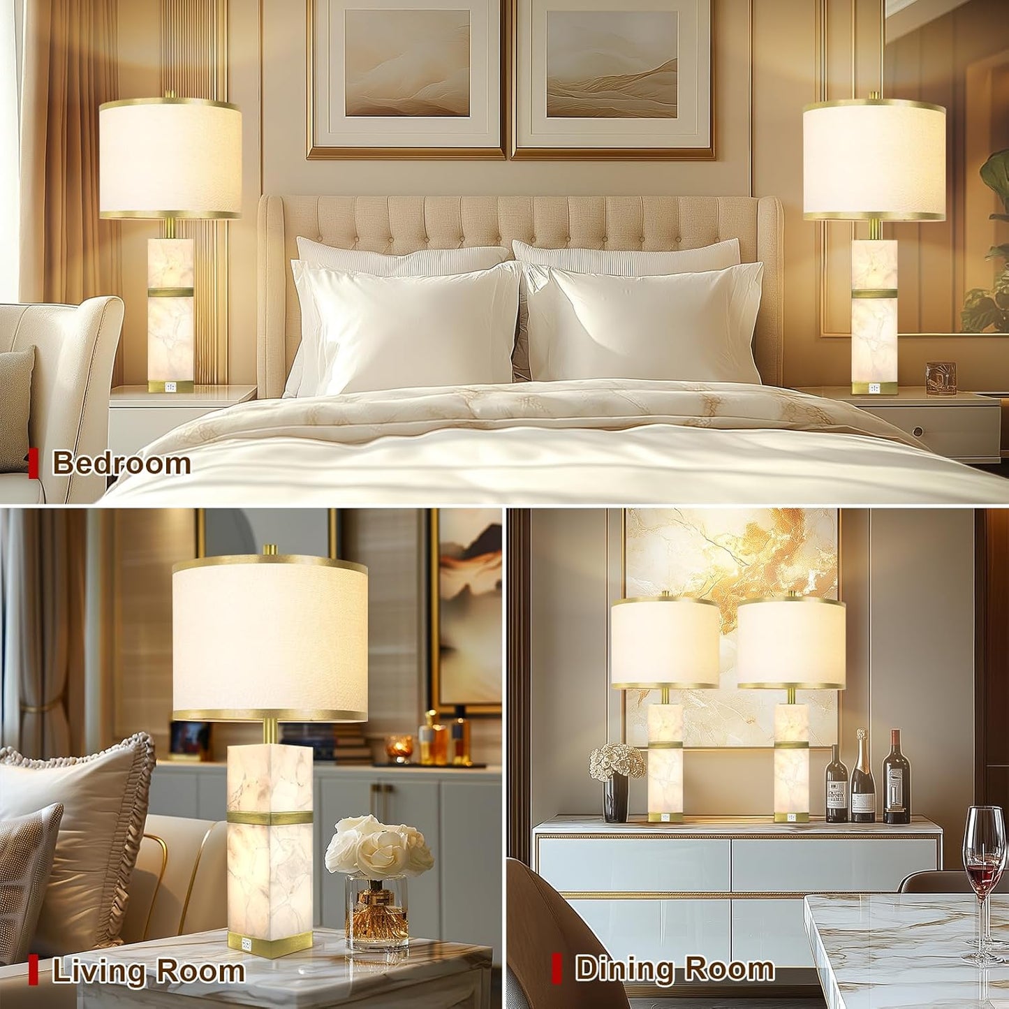 Natural Alabaster Table Lamps Set of 2 - Table Lamp with Night Light for Bedroom,Nightstand Lamps with USB Ports,Bedside Lamps with Linen Fabric Shade for Living Room,Bedroom,Office,Bar(Bulb Included)