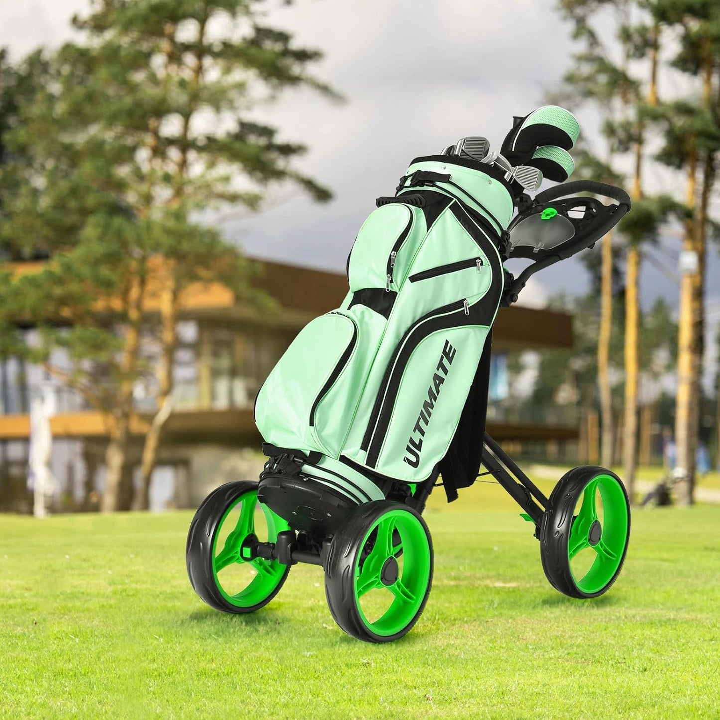 ULTIMATE 4 Wheel Golf Push Cart, Folding Golf Walking Cart w/Elastic Straps, Umbrella&Cup Holder, Scoreboard Storage, Lightweight Golf Trolley Cart w/Height Adjustable Handle&Foot Brake