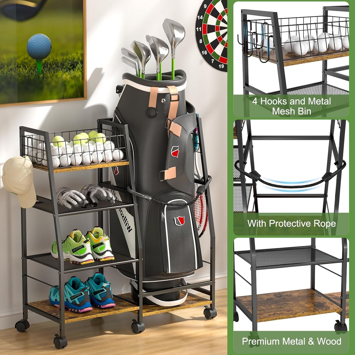 Golf Bag Garage Storage Rack with Wheels, Organizer for Single Golf Bag and Equipment Accessories, Ideal for Home, Garage, Club, Shed, Basement - Sturdy Wood and Metal Construction (Black)