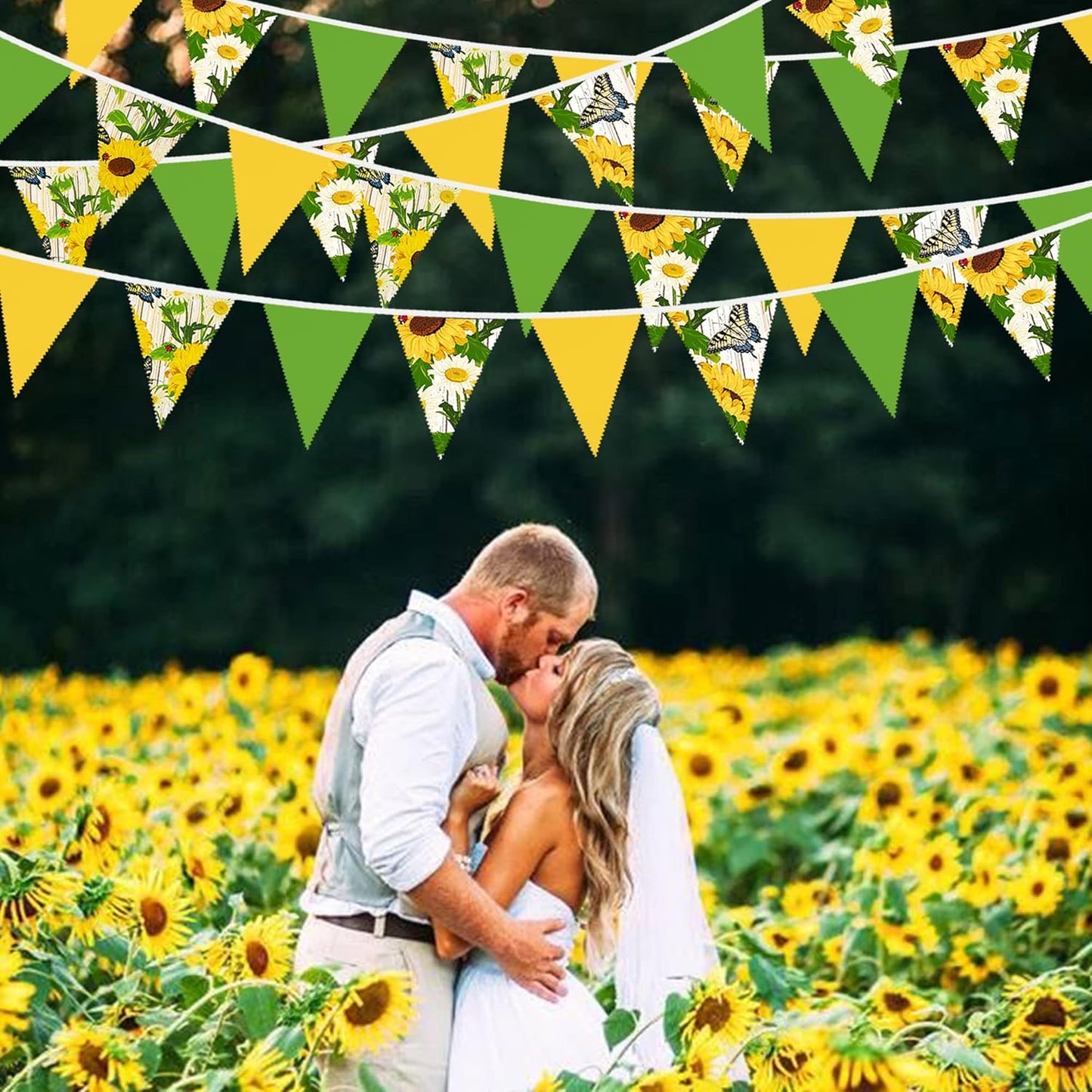 32Ft Yellow Green Pennant Banner Fabric Sunflower Butterfly Triangle Flag Bunting Garland for Spring Summer Party Decorations Birthday Wedding Baby Shower Tea Party Outdoor Garden Hanging Decorations