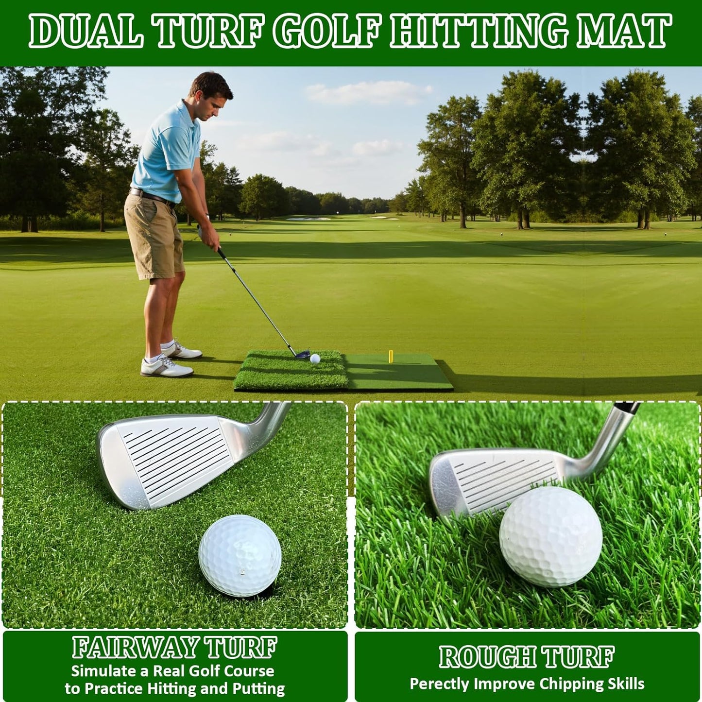 Premium Dual-Turf Golf Hitting Mat - 4x5ft Indoor/Outdoor Practice Mat with Realistic Fairway & Rough Turf, Portable Golf Swing Training Mat with Alignment Guide Real Feel for Driving Range