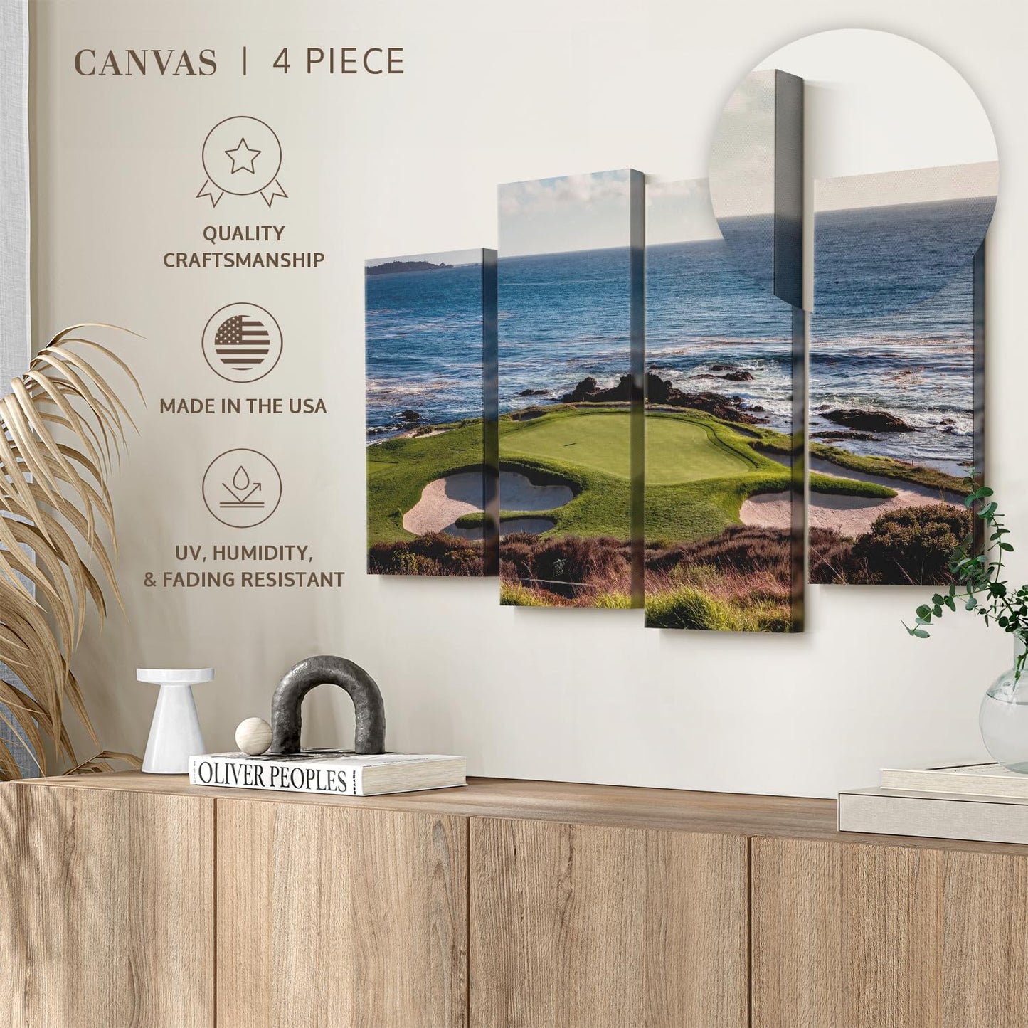 Elephant Stock California Coastline Golf Course Wall Art - Horizontal Canvas - 4-Piece Living Room Wall Decor - Photography Sports Canvas Print - Brown and Beige Decor for Wall - 52" X 32"
