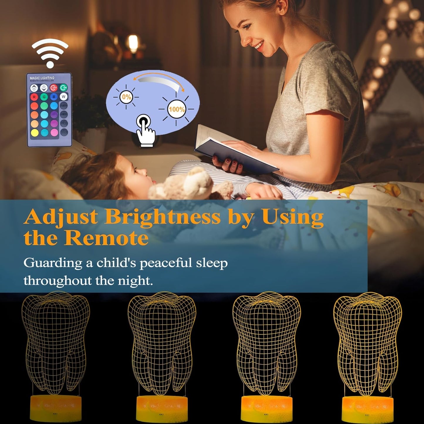 Dental Gifts, 3D Tooth Night Light, 3D Illusion Lamp, 16 Colors Changing, Remote Control, Dimmable, Living Room Decoration, Xmas Tooth Model Gifts