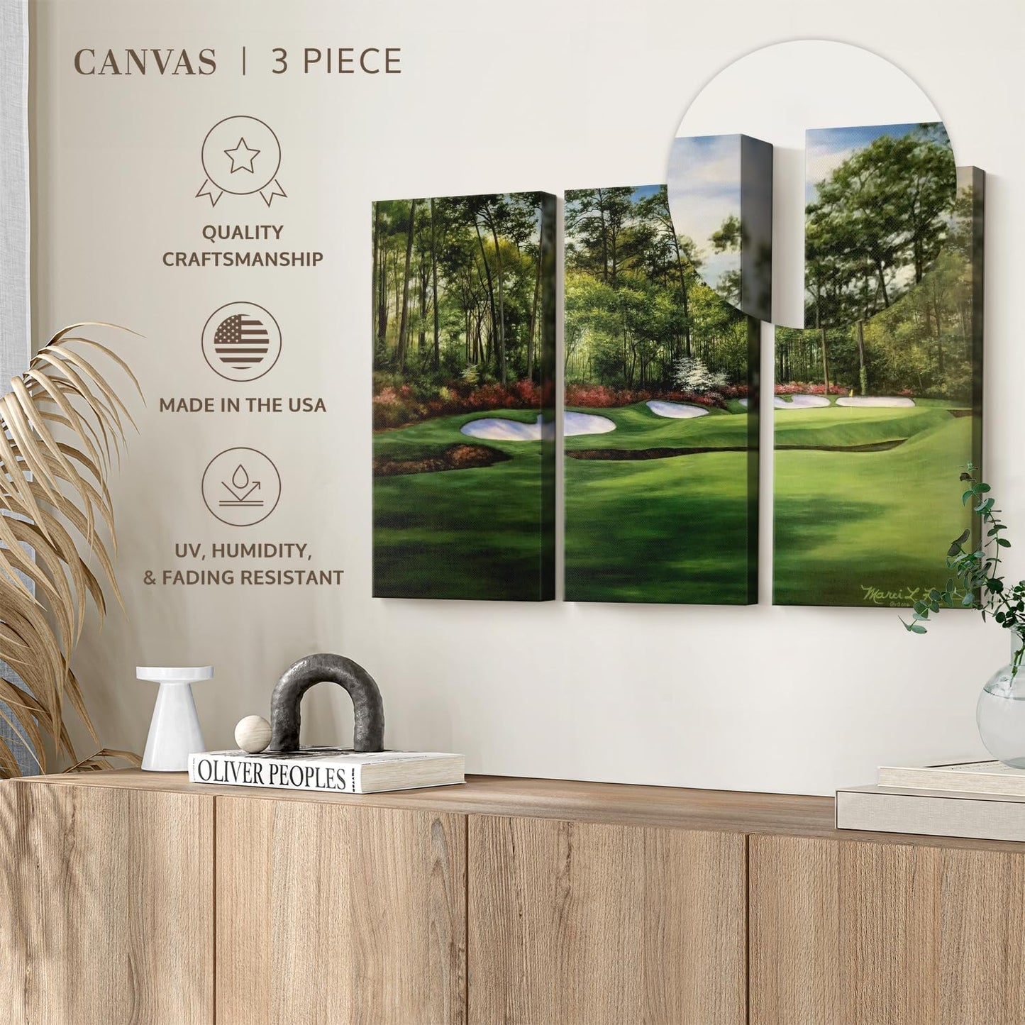 ElephantStock Augusta National 13th Hole I Wall Art - Horizontal Canvas - 3-Piece Living Room Wall Decor - Painting Sports Canvas Print - Green and Red Decor for Wall by Marci Rule - 50" X 32"