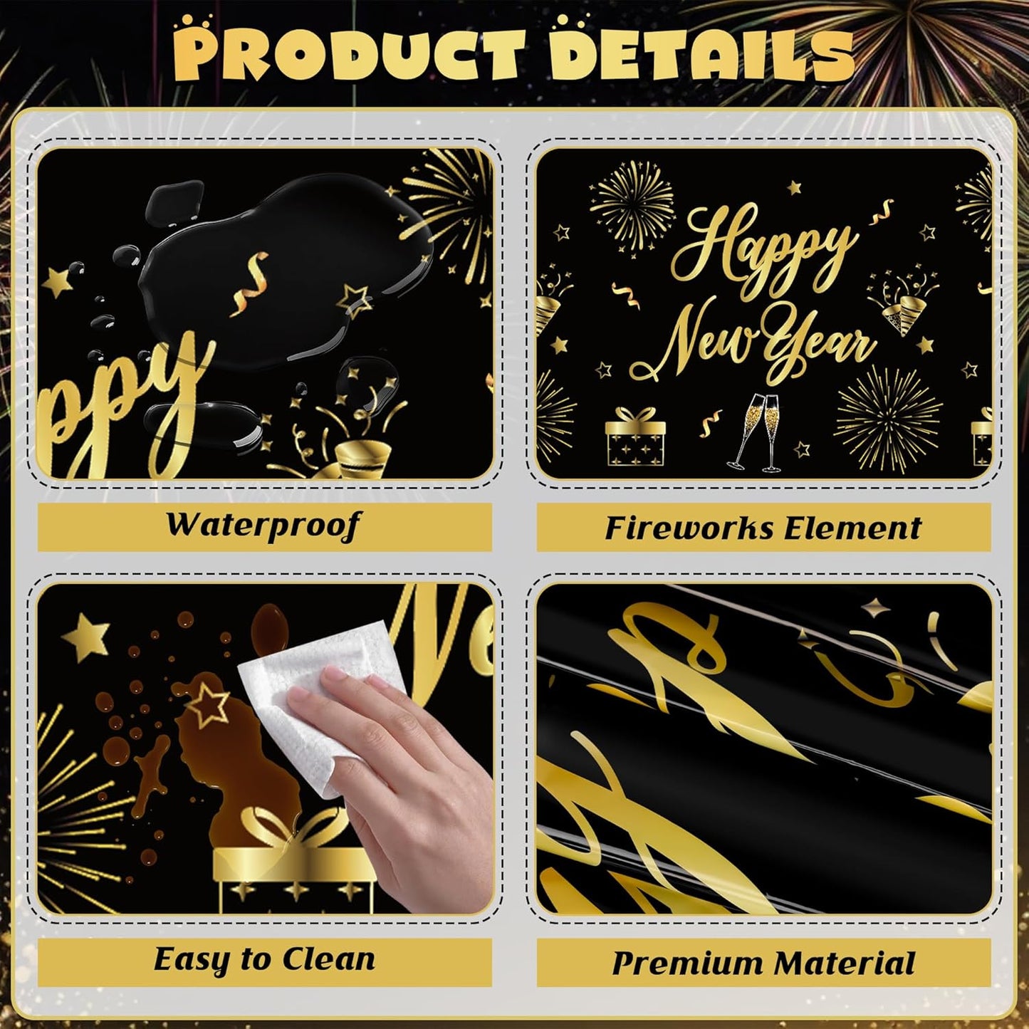 6 Pcs Happy New Year Tablecloth, 108" x 54" Rectangle Table Covers for New Years Eve Party Supplies, Black and Gold Firework Nye Tablecover 2026, Holiday Table Cover for NYE Party Supplies 2026 Decor