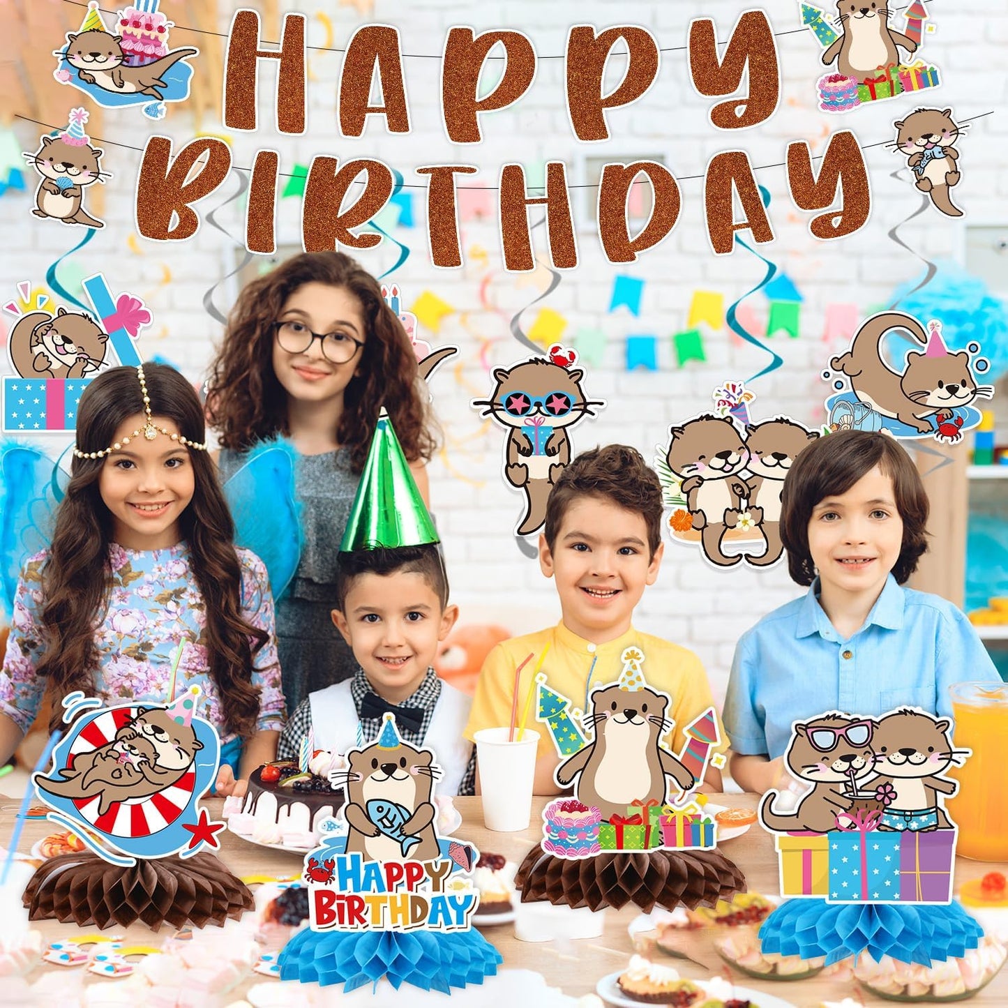 Otter Birthday Party Decorations - 12PCS Sea Otter Party Decorations Happy Birthday Banners Hanging Swirls Honeycomb Centerpieces Under the Sea Ocean Animal Themed Supplies Decor