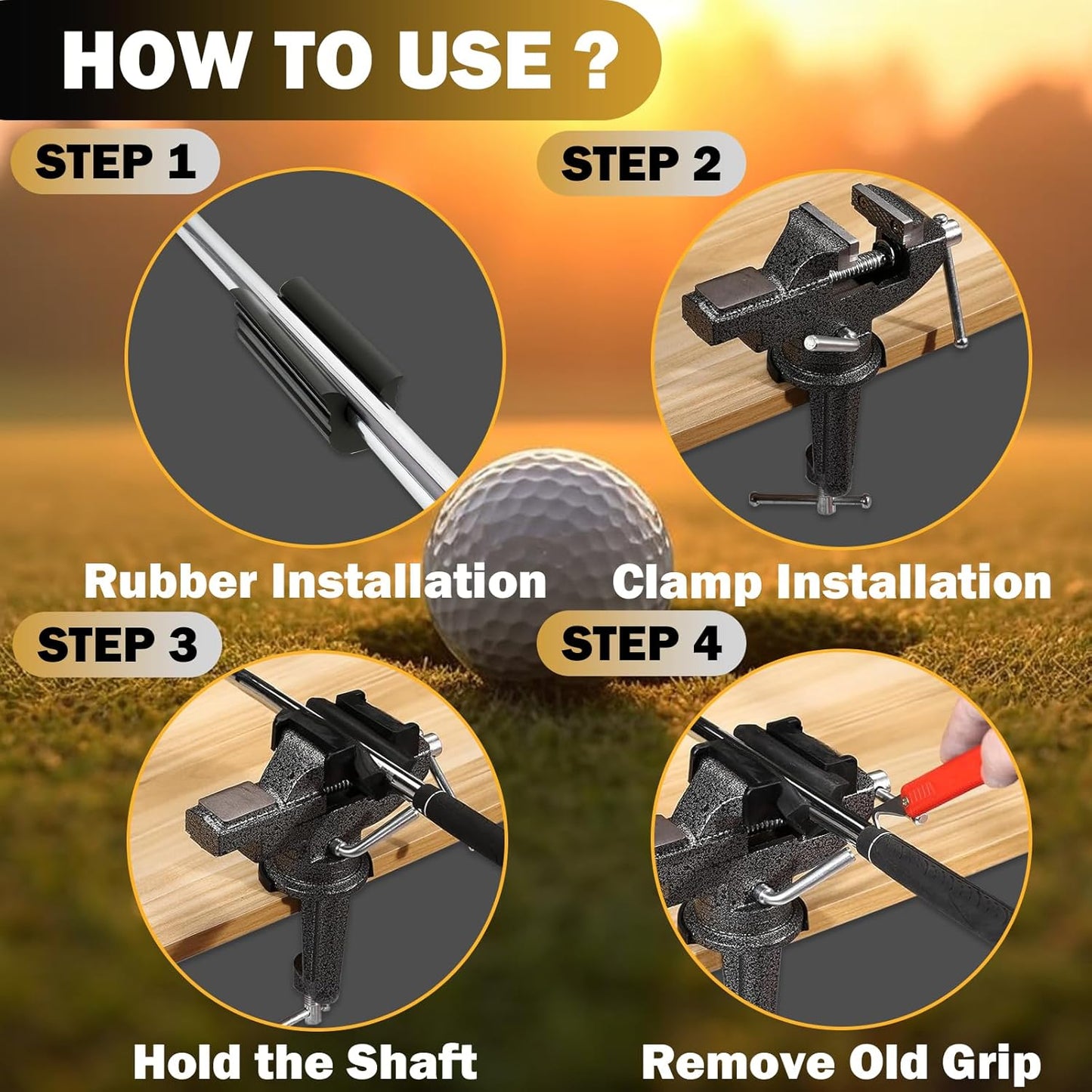 Golf Club Grip Vise Clamp Kit, 360° Swivel Portable Table Vise, Golf Club Calibration Tool, Club Grip Replacement Tool, Suitable for Golf Club Grips (with Solvent)