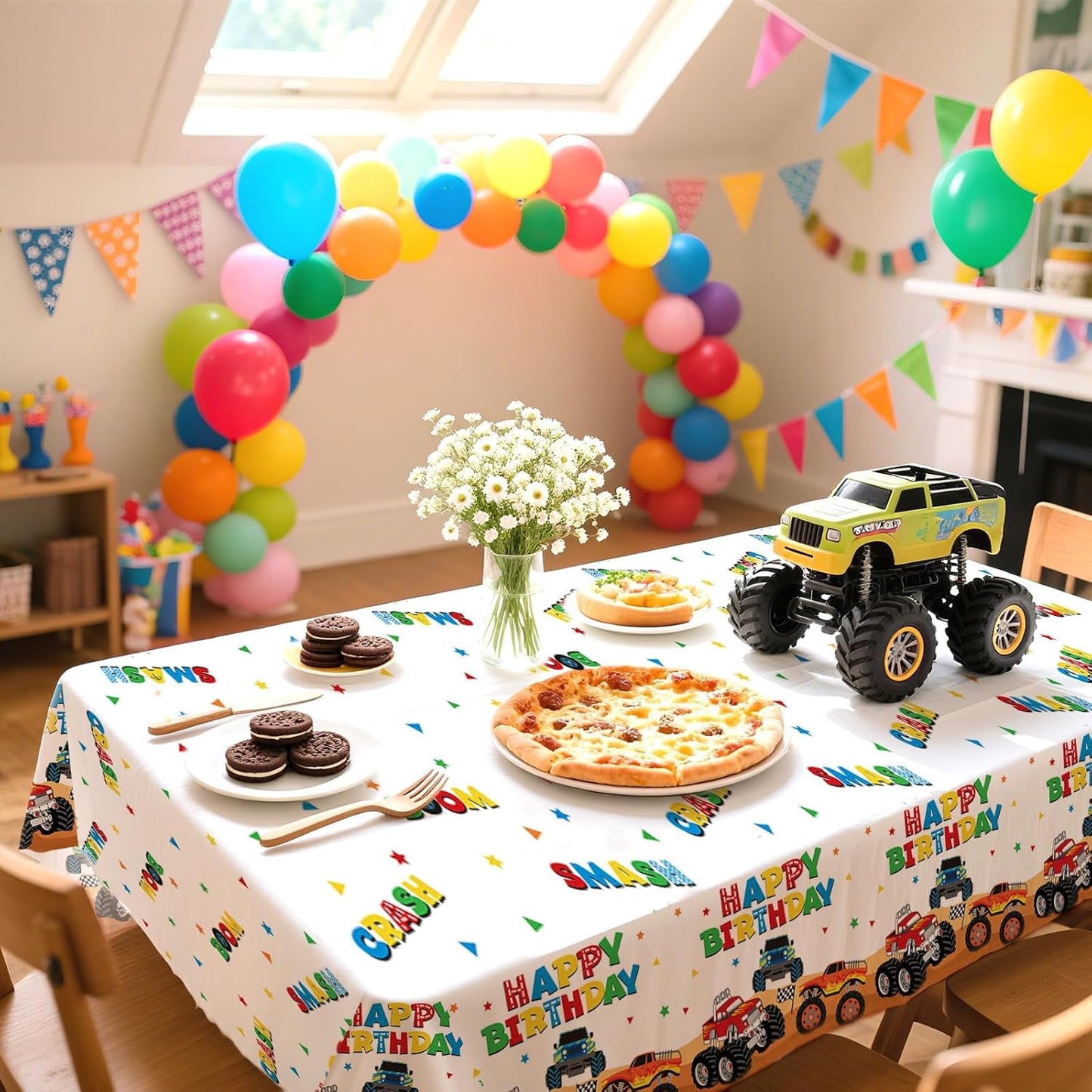 3Pcs Monster Theme Truck Birthday Tablecloth Monster Theme Jam Party Table Cover Plastic Rectangle Checkered Table Cloth Construction Truck Decorations for Kids Boys Birthday Party Supplies 54" x 108"