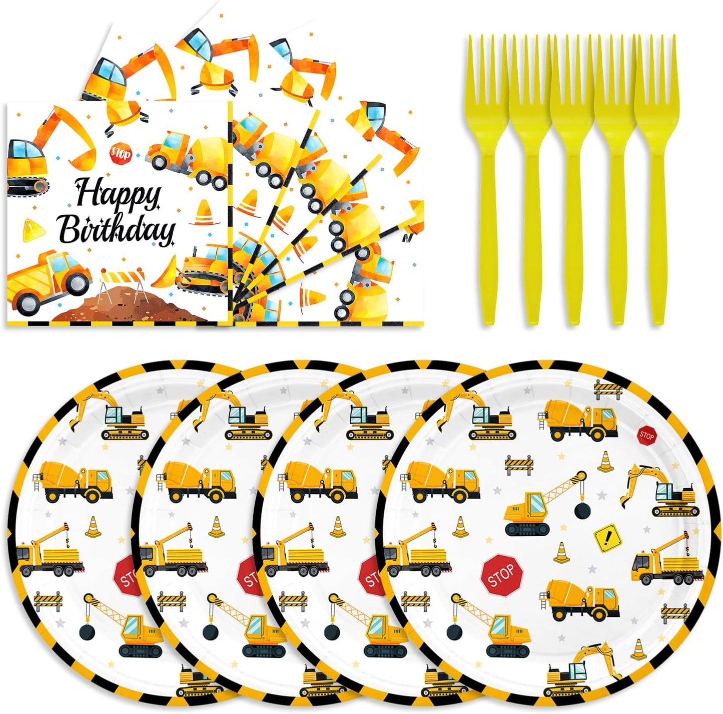 48Pcs Construction Birthday Party Supplies Excavator Birthday Decorations Including Plates and Napkins Forks Supplies Serves 16 Guests Baby Shower Construct Party Decorations