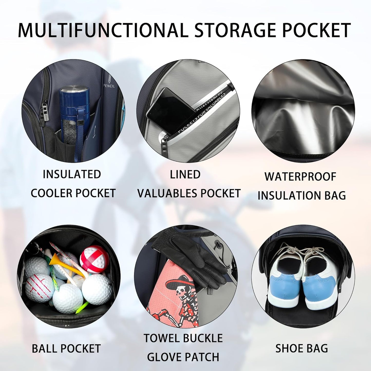 PU Leather Lightweight Men Women Blue White Black Green Golf Bag,Multiple 10 Pockets 14-Way Dividers Cooler Pouch Golf Cart Bag