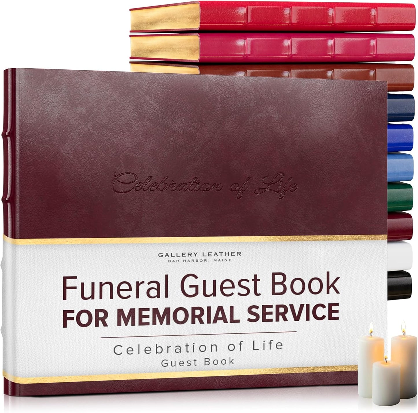 Gallery Leather Funeral Guest Book for Memorial Service and Celebration of Life with 192 Lined Pages - Hardcover, Bound Leather Guest Sign in Book - 7 x 9 - Acadia Burgundy