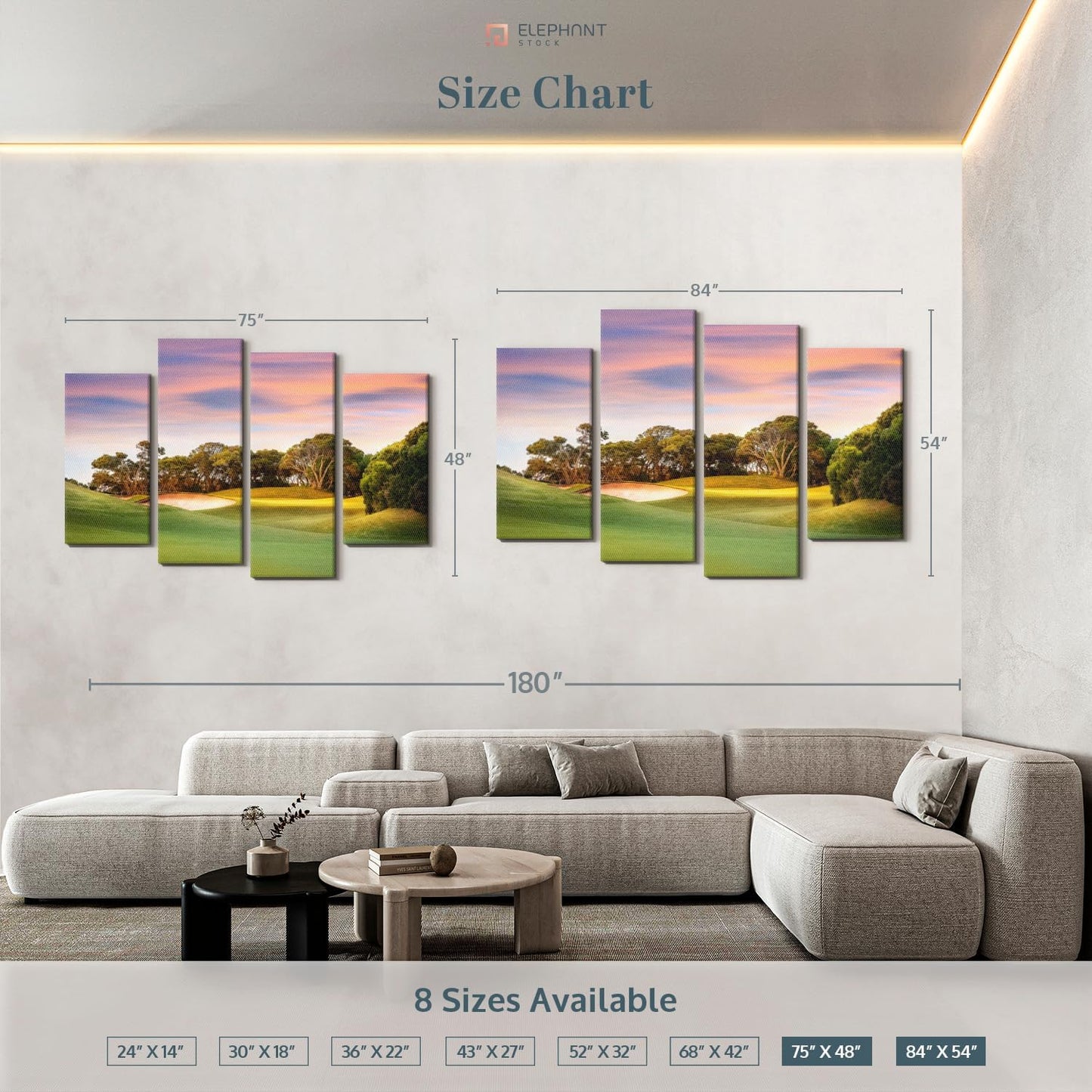 ElephantStock Golf Course Sundown Wall Art - Horizontal Canvas - 4-Piece Living Room Wall Decor - Photography Sports Canvas Print - Orange and Blue Decor for Wall - 75" X 48"