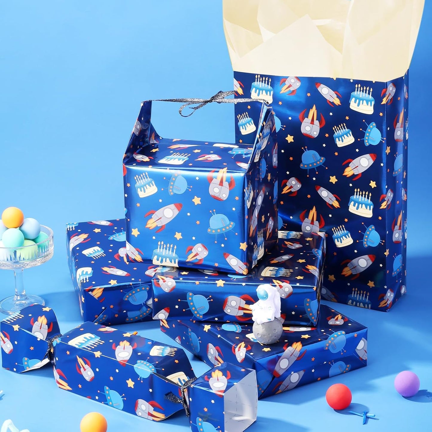 LaRibbons Space Wrapping Paper Mini Roll, Blue Spaceship and Birthday Cake Design with Metallic Foil Shine, Perfect for Kids and Boys Birthdays, 17" x 33' (46.7 sq. ft.)