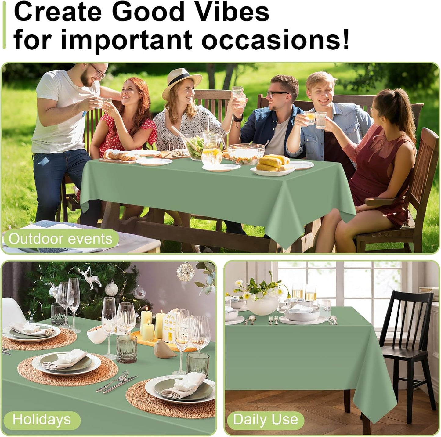 QIKSION Plastic Table Cloth Disposable 12 Pack, 54 x 108 Inch Tablecloths for Rectangle Tables, Sage Green Plastic Table Cover