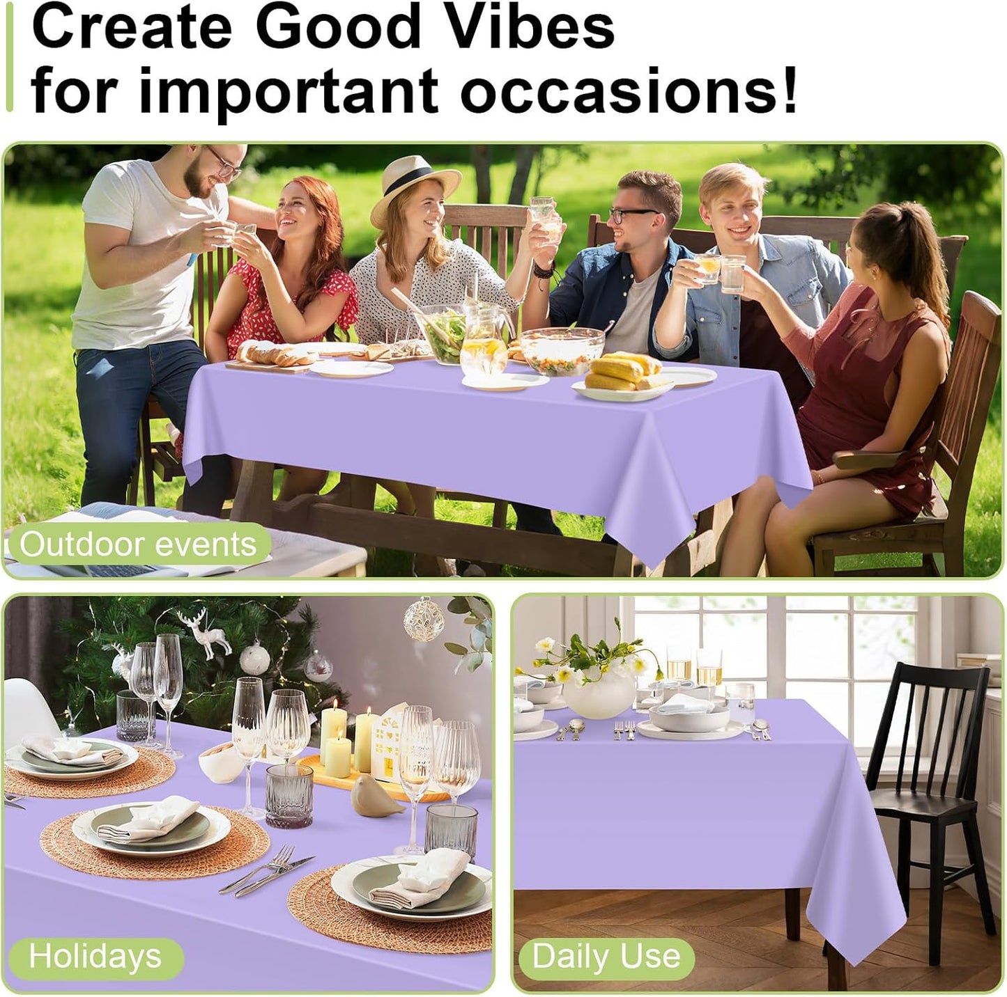 QIKSION Plastic Table Cloth Disposable 12 Pack, 54 x 108 Inch Tablecloths for Rectangle Tables, Lavender Plastic Table Cover