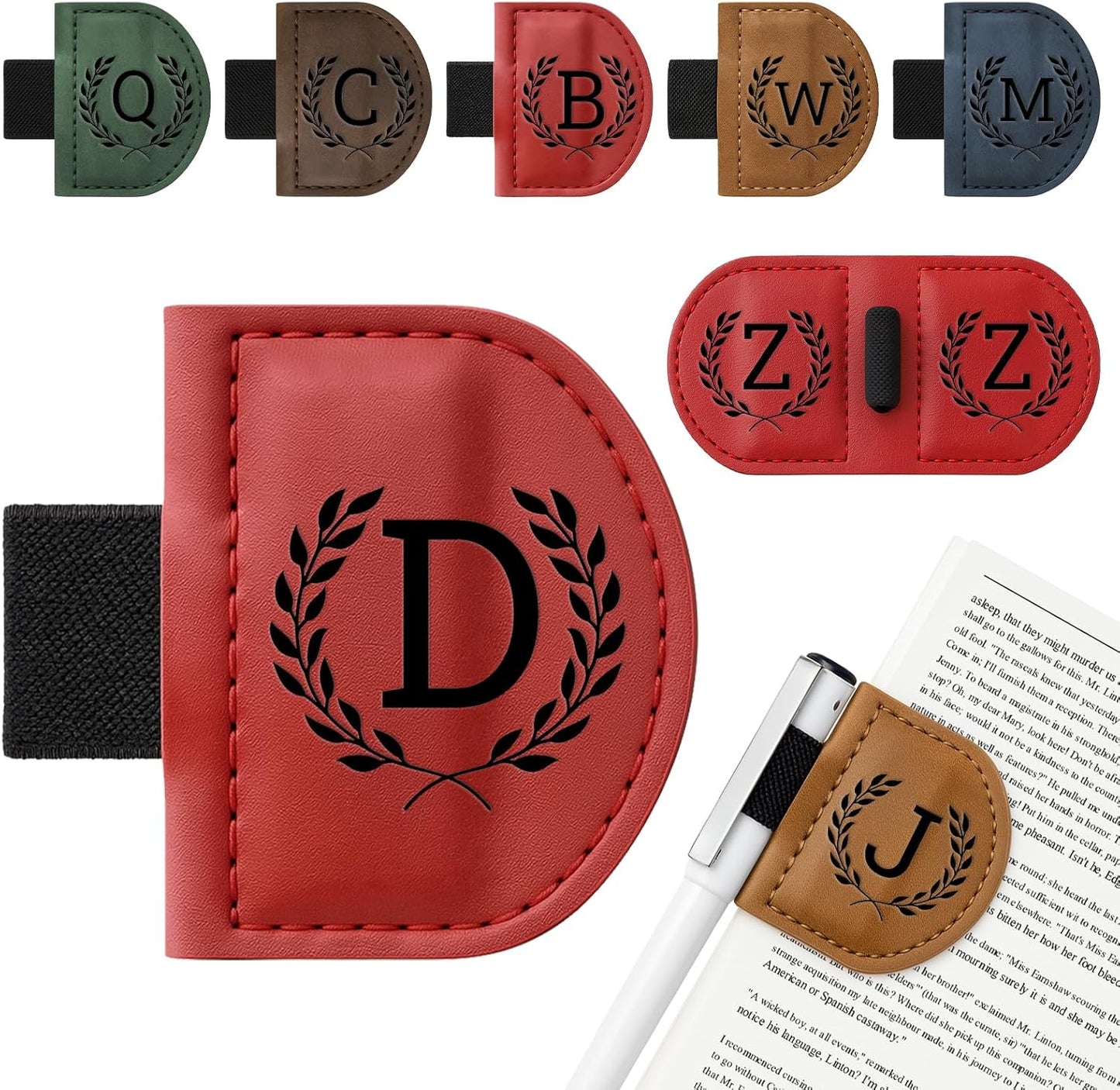 Personalized Bygone Mark Bookmark with Pen Holder,Engraving Leather Magnetic Bookmarks Vintage 26 Letters Name Initials Text Book Marker Clips Gifts for Reading Book Lovers Women (Red, D)