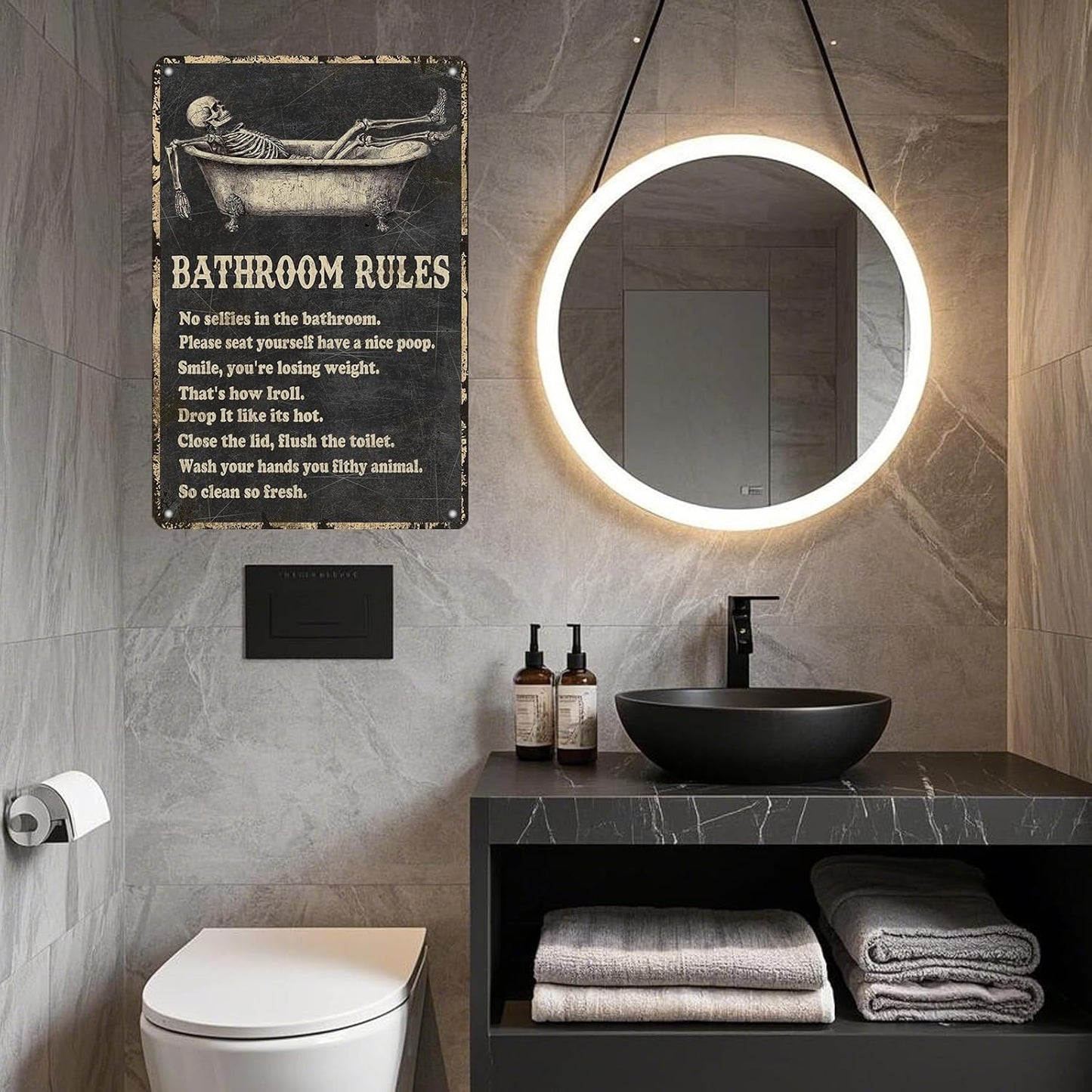 Funny Skull Bathroom Rules Metal Tin Sign Wall Decor - Vintage Bathroom Quote Tin Sign for Toilet Restroom Washroom Home Decor 12x8 Inch