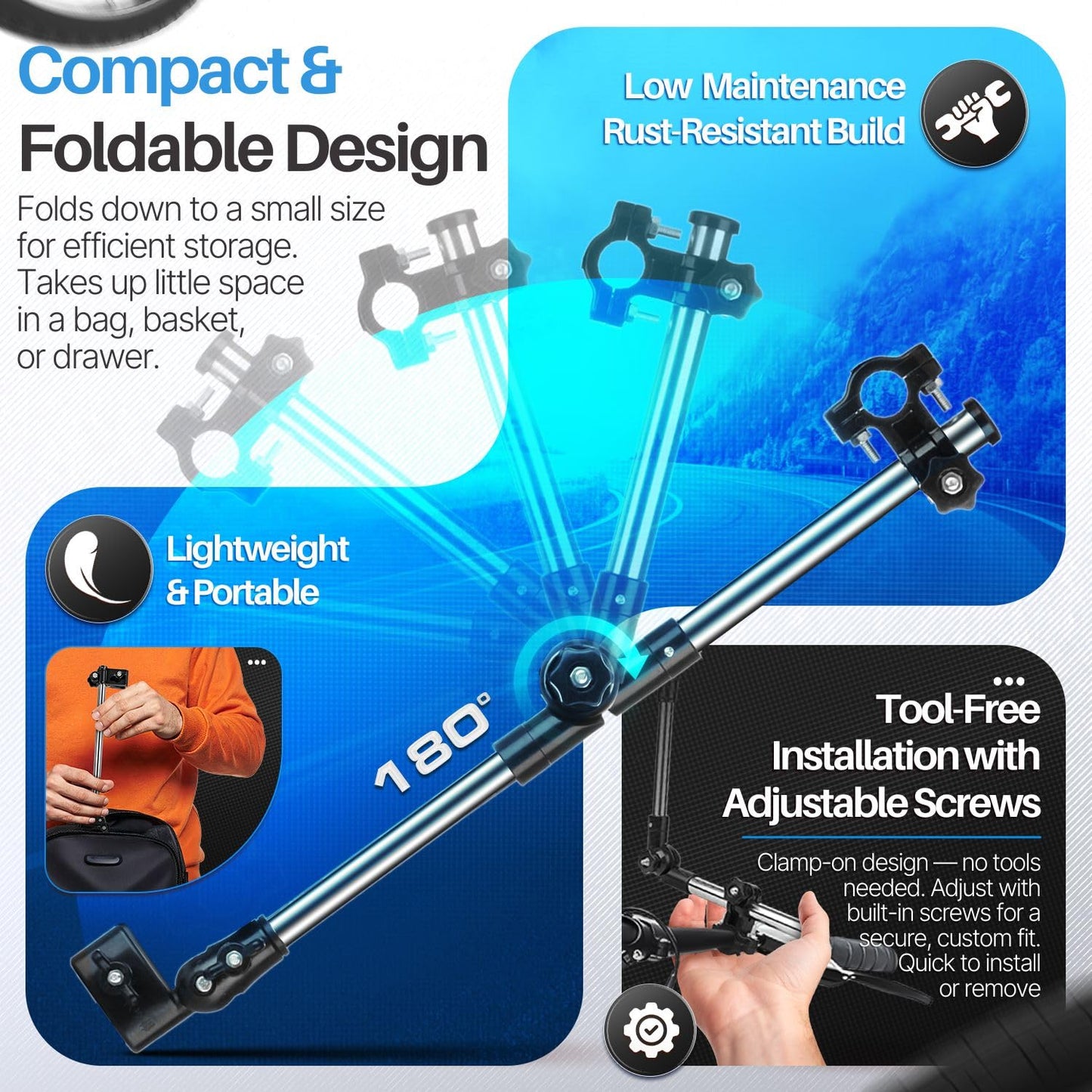 Flexzion Bicycle Umbrella Mount Holder – Adjustable Swivel Connector Stand with 2-Section Tube Handle – Umbrella Round Handlebar for Bike Stroller Attachment, Wheelchair Holder, Golf Cart, Beach Chair