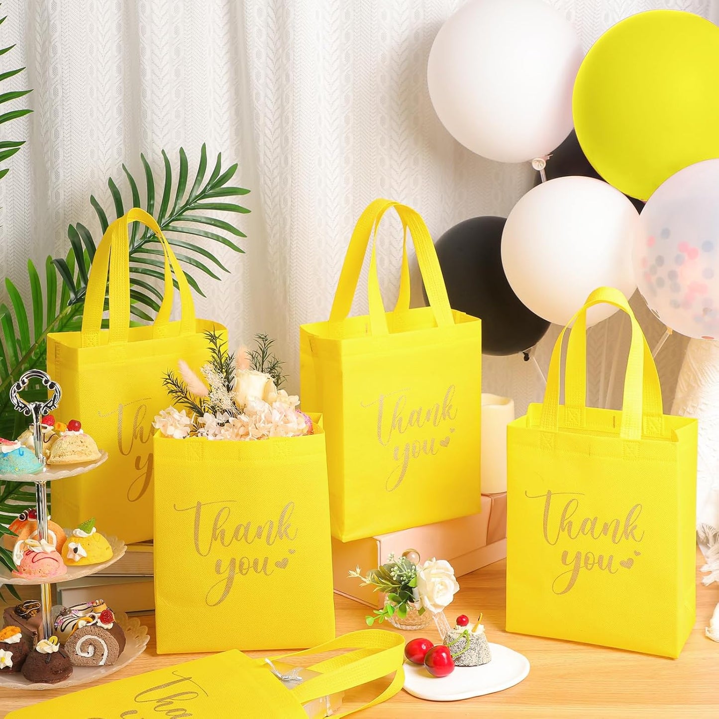 Sweetude 30 Pcs Thank You Gift Bags with Handles Bulk Reusable Goodie Bag Non Woven Foldable Handbag for Graduation Wedding Bridesmaid Gifts(10 x 8 x 4 Inch,Yellow)