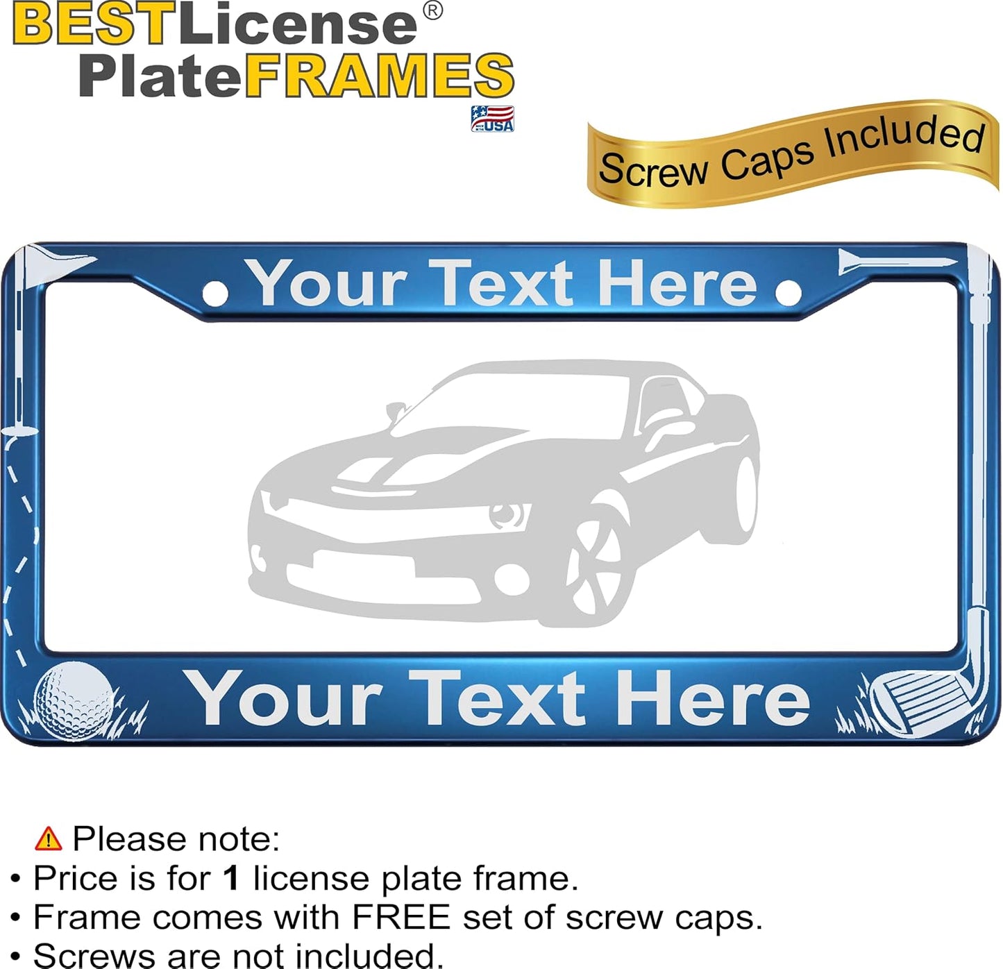 Golf Club and Ball Design with Your Custom Text | Laser Etched Anodized Aluminum Standard Size - CAR/Automobile License Plate Frame & Free caps - Blue (Qty: 1 Frame)