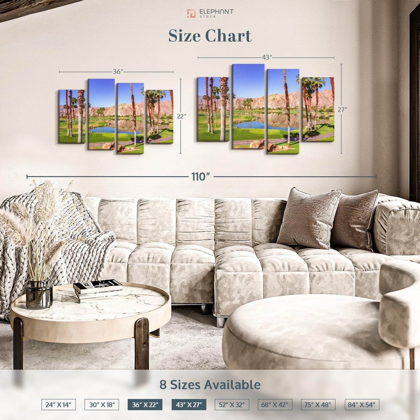 Elephant Stock La Quinta Golf Course Wall Art - Horizontal Canvas - 4-Piece Living Room Wall Decor - Photography Sports Canvas Print - Beige and Brown Decor for Wall - 36" X 22"