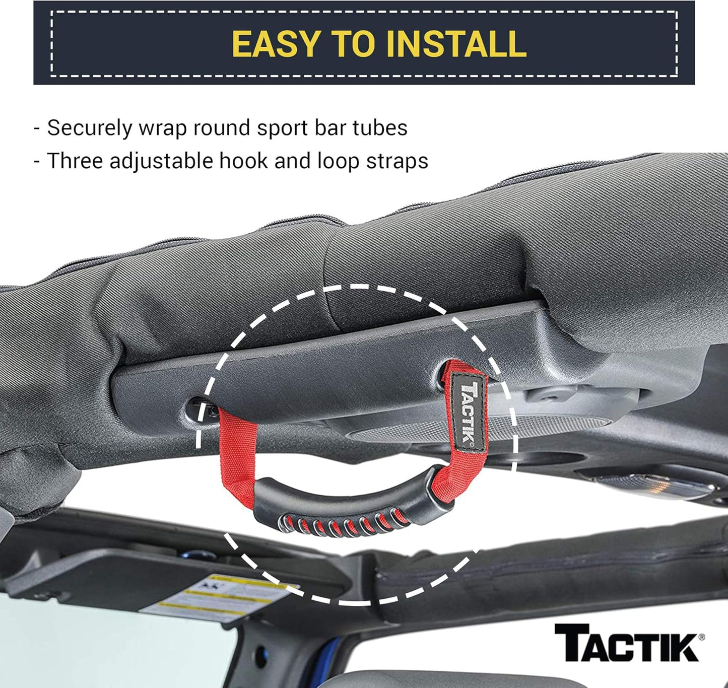 TACTIK 3-in-1 Tactical Grab Handle Pair, Red - Compatible with Jeep Wrangler JK 2007 to 2018 - Install in Windshield Corners, Sport Bars, and Front Headrest Posts - Nylon with Vinyl Grips