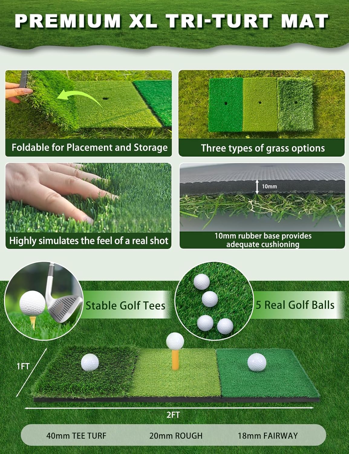 Golf Practice Net and Mat, 10x7FT Golf Net with Tri-Turf Mat & 10 Balls, Hitting Aid Nets for Backyard Driving Chipping Training Swing with Target Mat Balls for Outdoor Indoor, Gifts for Men/Dad/Him