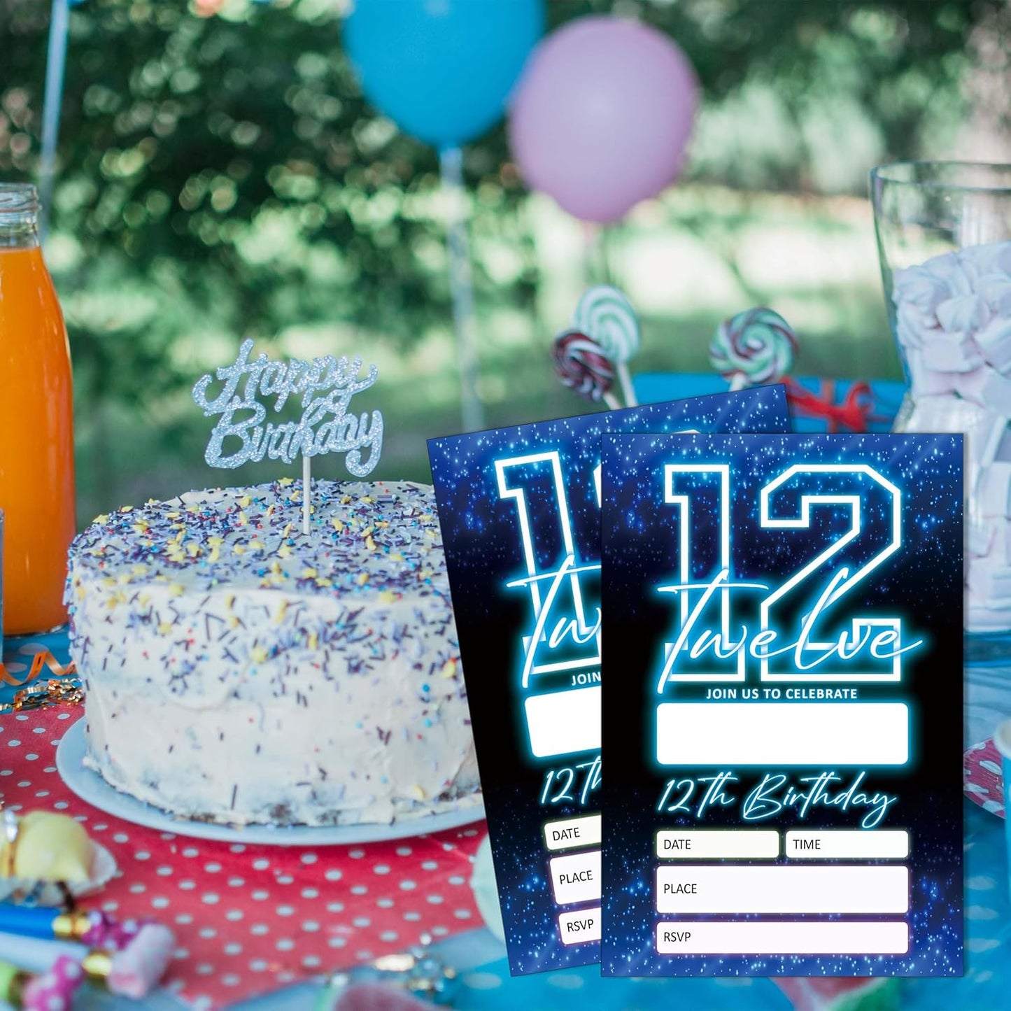 SIXEIGHT Blue 12th Birthday Party Invitations for Boys, Glow Neon Birthday Invitations, 20 Double Sided Invite Cards with Envelopes for Kids Girls, Party Decorations Supplies, 4"x6"-C12