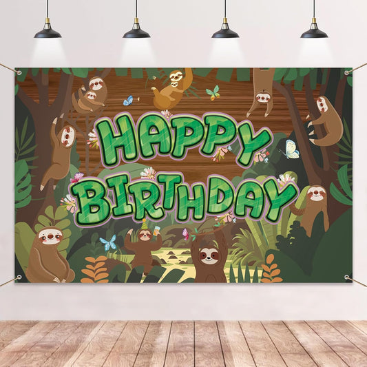 Sloth Happy Birthday Backdrop Banner - Cute Sloth Themed Birthday Photo Background with Tropical Leaves, Jungle Rainforest Cute Animal Party Decorations for Kids Boys Girls