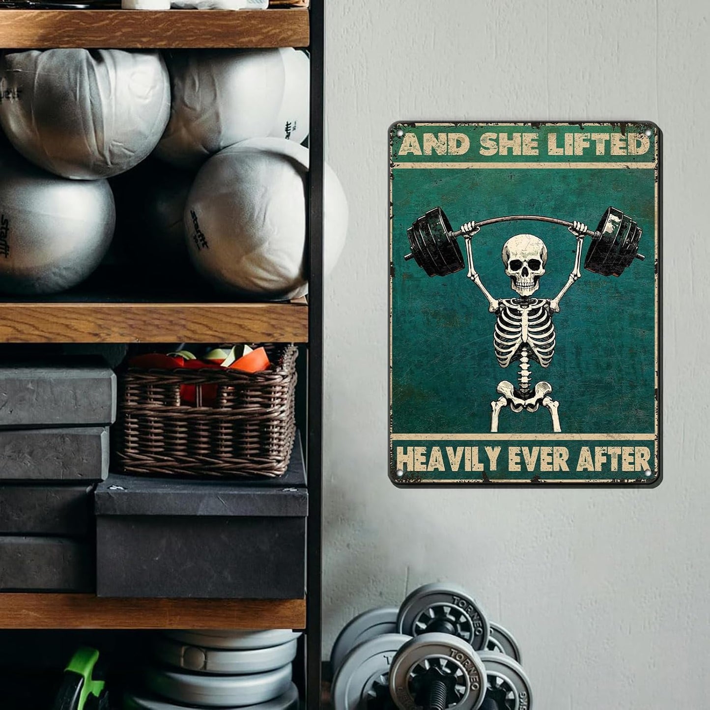 Skeleton Vintage And She Lifted Heavily Ever After Metal Tin Sign 12x16 Inch Gym Metal Poster Funny Skull Gym Tin Sign Home Kitchen Garden Bar Coffee Restaurant Bathroom Are Wall Decor