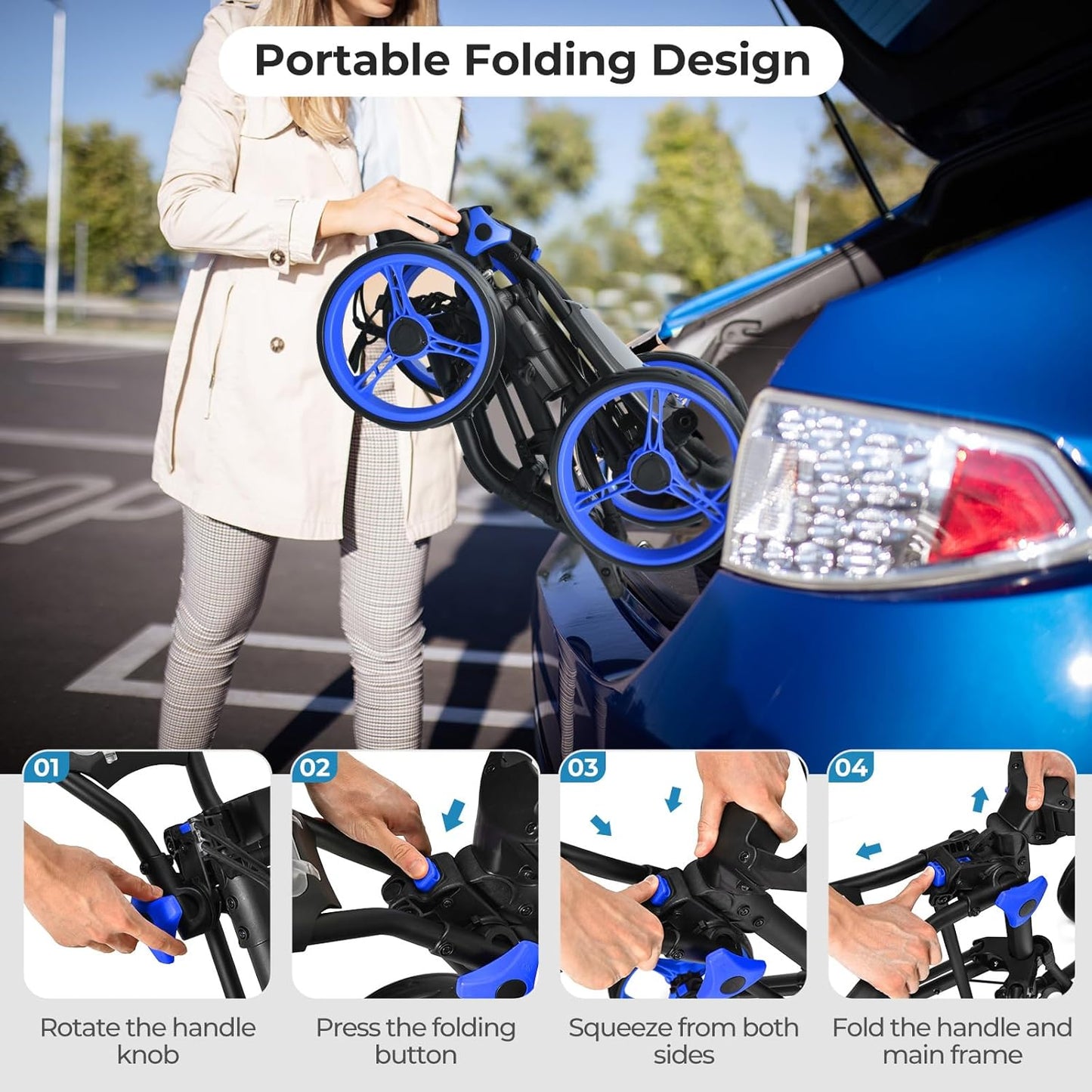 ULTIMATE 4 Wheel Golf Push Cart, Folding Golf Walking Cart w/Elastic Straps, Umbrella&Cup Holder, Scoreboard Storage, Lightweight Golf Trolley Cart w/Height Adjustable Handle&Foot Brake