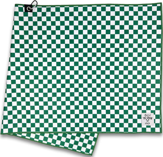 Against The Grain Microfiber Golf Towel with Clip - (20"x40") Green & White Checkered Design Golf Club Towel, Golf Towels for Golf Bags for Men & Women