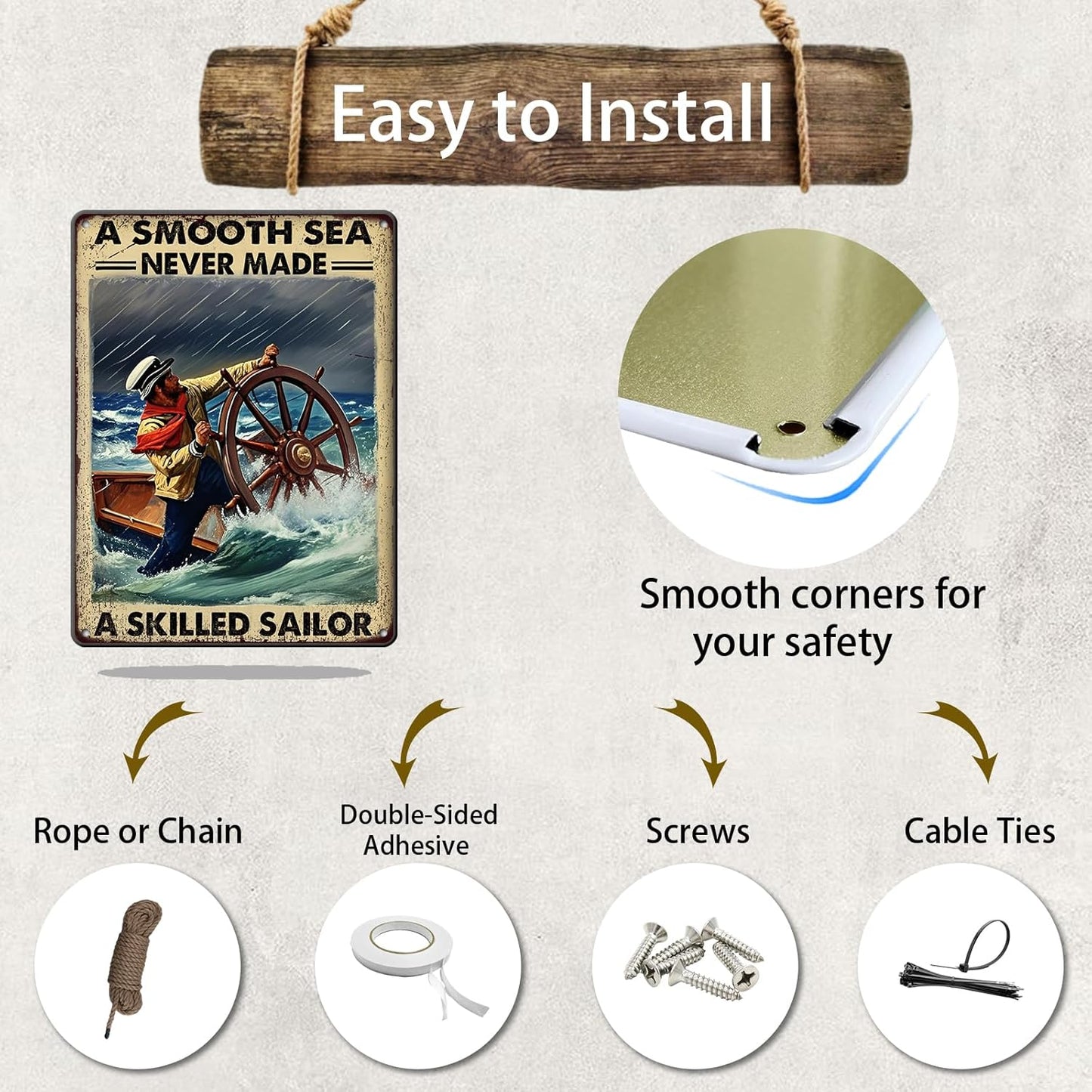 Vintage Tin Sign Metal Poster Plaque A Smooth Sea Never Made A Skilled Sailor Sailing Ship Poster Metal Sign Iron Painting Retro Wall Decor for Home Hotel Cafes Sign Gift 12x16 Inch