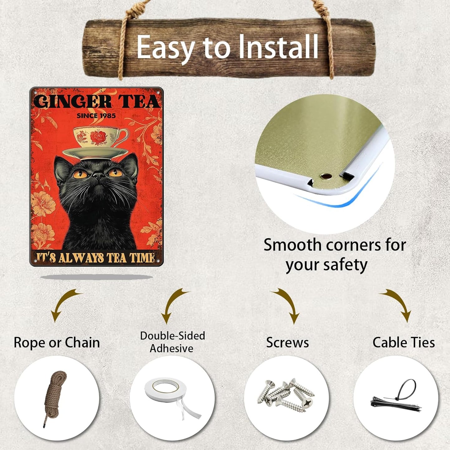 Funny Black Cat Tin Sign Ginger Tea It'S Always Tea Time Metal Sign Wall Decor For Home Cafe Bar Kitchen Poster 12x16 Inch