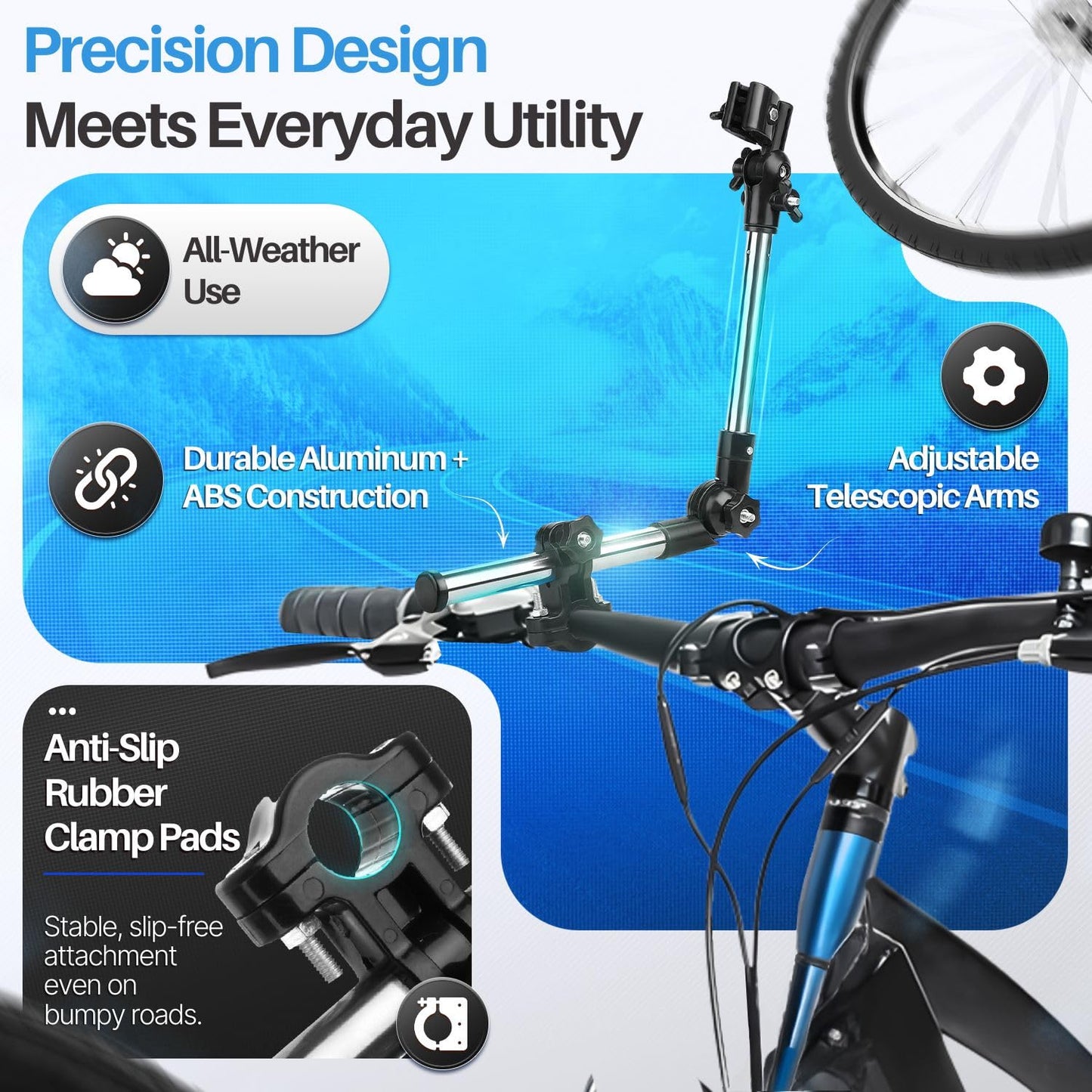 Flexzion Bicycle Umbrella Mount Holder – Adjustable Swivel Connector Stand with 2-Section Tube Handle – Umbrella Round Handlebar for Bike Stroller Attachment, Wheelchair Holder, Golf Cart, Beach Chair