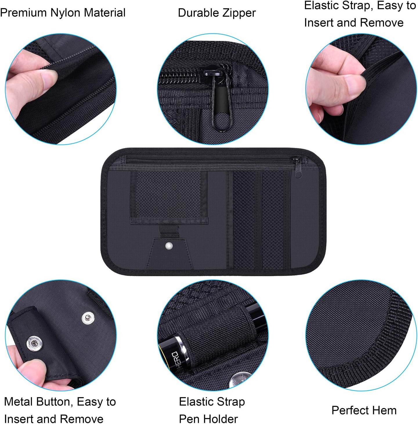Car Sun Visor Organizer, Wisdompro Vehicle Interior Accessories Storage Pouch Auto Registration Holder with Elastic Strap for Sunglass, Documents, Cards, Pen, Drivers License, etc. (Black)