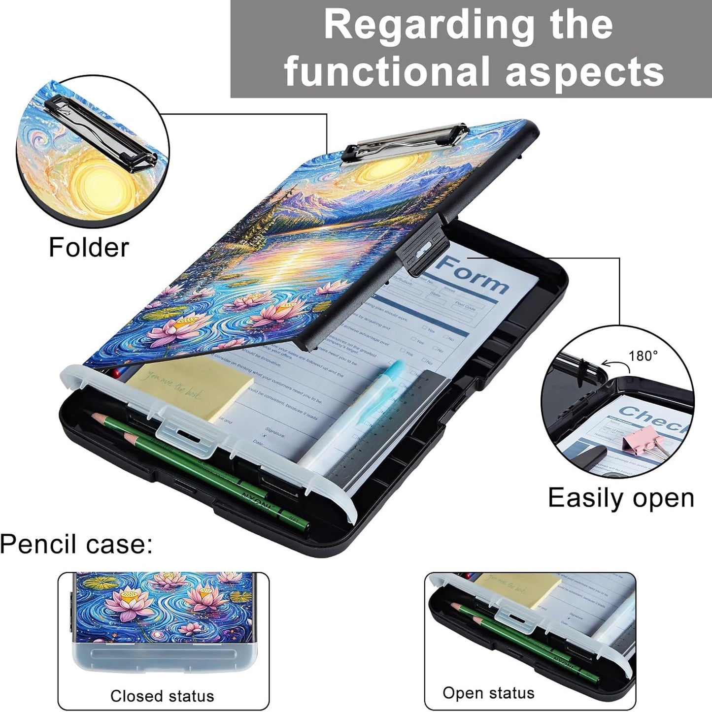 Clipboard with Storage - Large Capacity,Nursing Clipboard with Pen Holder,Heavy Duty,Plastic Side-Opening Folder for Teacher,Nurse - Lotus Sun Lake
