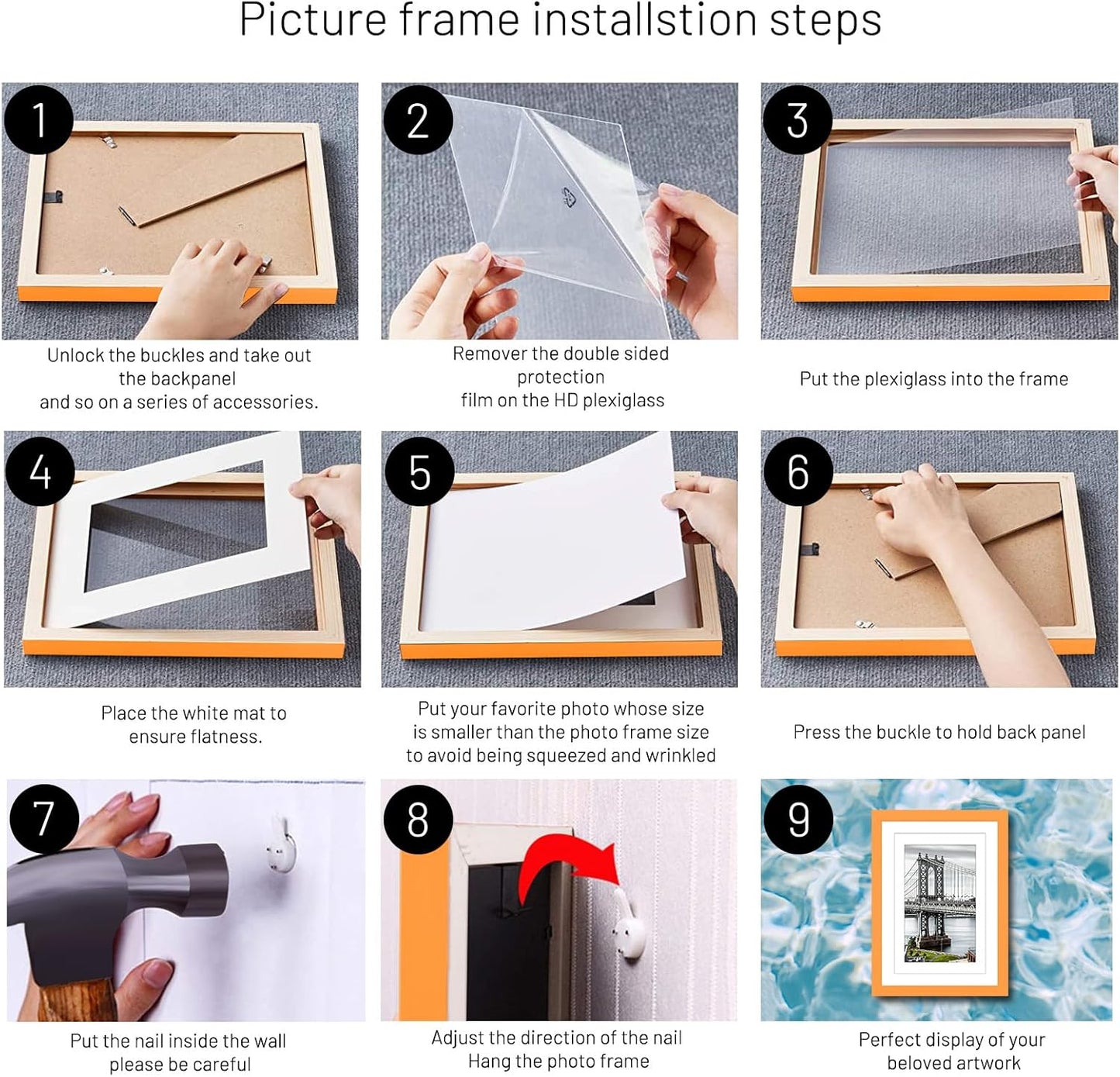 9x12 Solid Wood Picture Frames - Display 5x7 or 6x8 Photos with 2 Mats, Wall Mounting or Table Top (Orange)