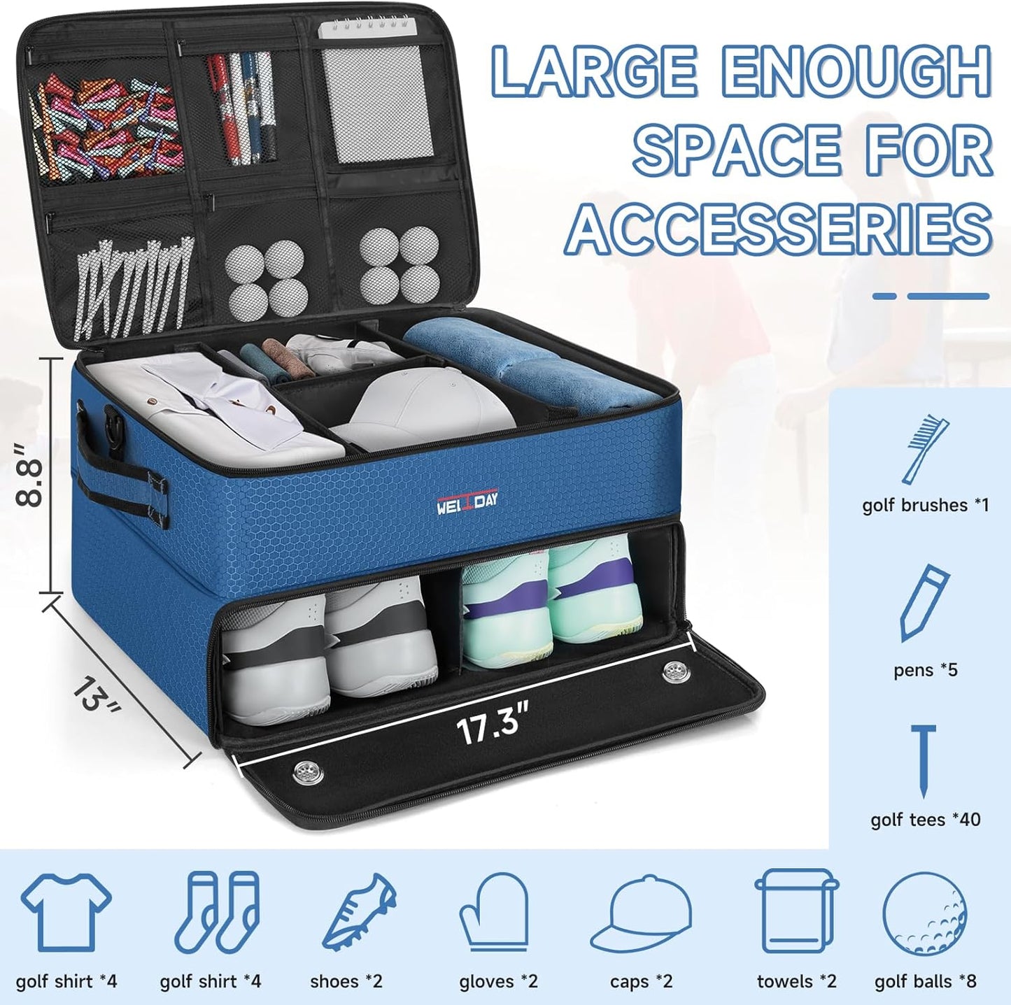 ANILD Golf Trunk Organizer, 2 Layer Golf Storage Case with Separate Ventilated Compartment for 2 Pair Shoes, for Balls, Tees, Clothes, Gloves, Accessories, Golfer Gifts