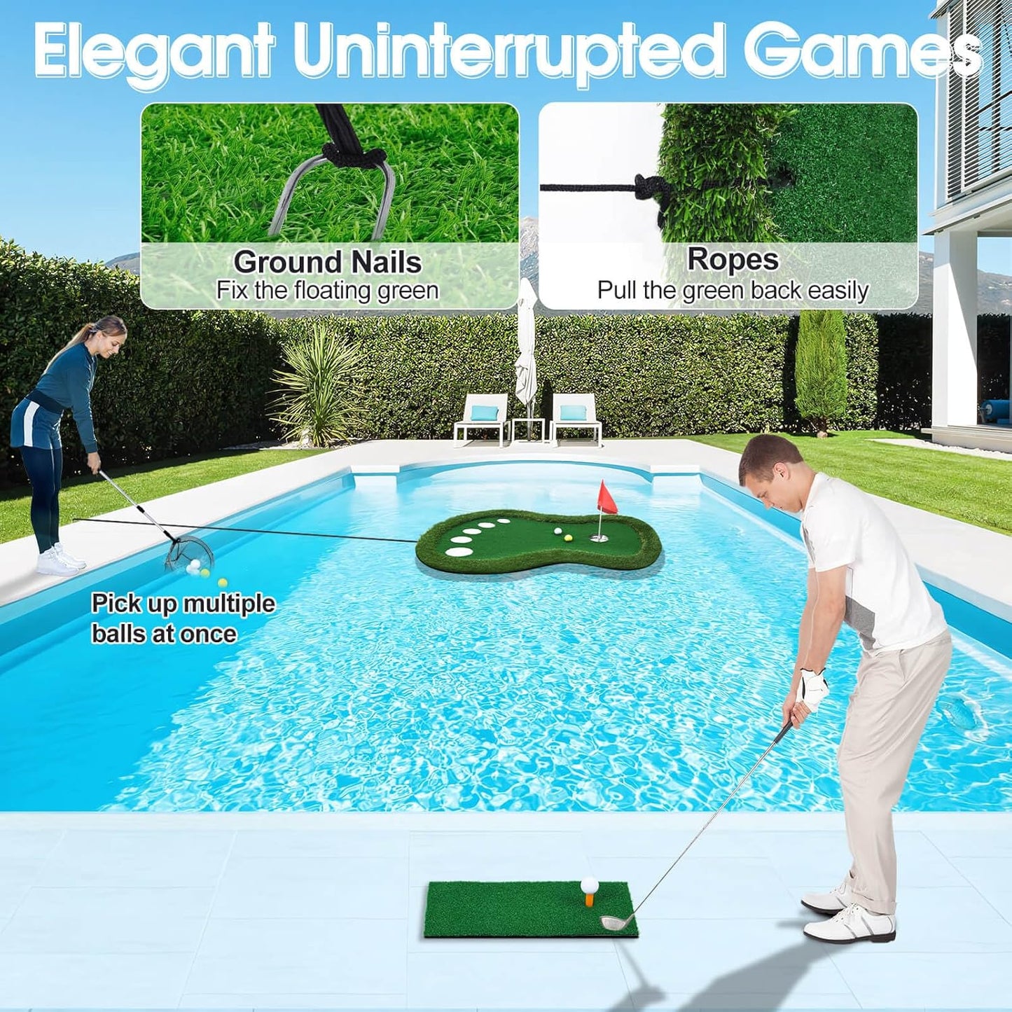 Floating Golf Green for Pool, Patented Pool Golf Game Floating Mat with Ball Retrieve Net/Scoreboard for Party & Training